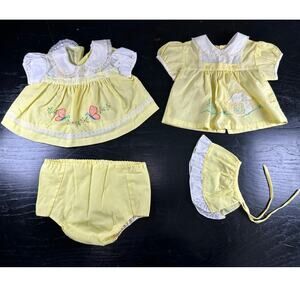 Vtg baby or doll Clothing Set- yellow white trim- 2 tops, bloomer, ruffle tie